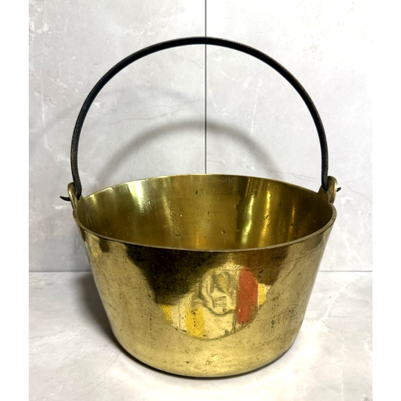 Vintage Large Solid Brass Pot with Cast Iron Handles 12" Dia x 15" Top of Handle - Picture 1 of 8